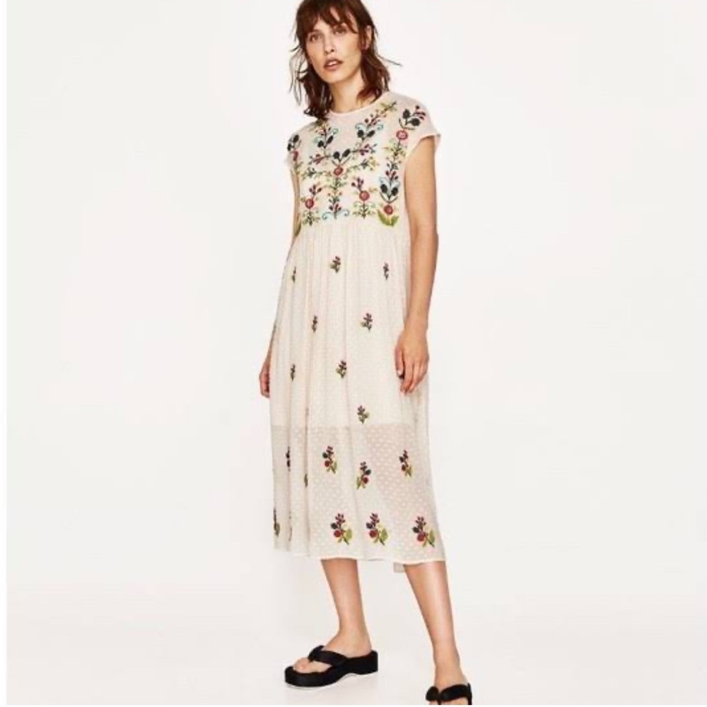 Zara Cream Midi Dress with Multicolor Floral Embroidery